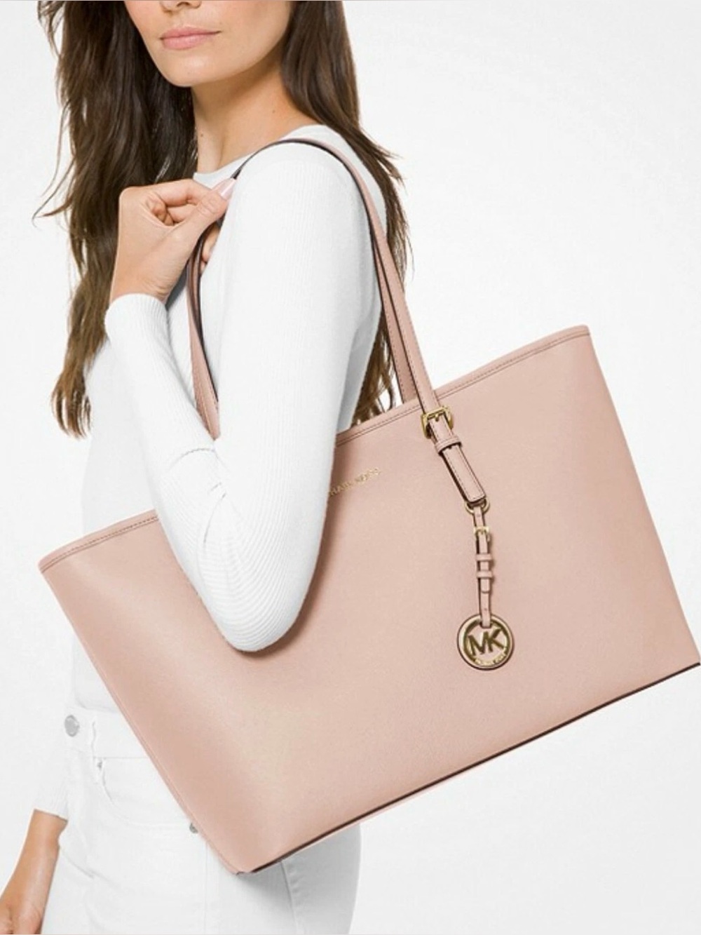 Michael Kors Jet Set Medium Saffiano Leather Tote Bag Blush Pink Gold MK